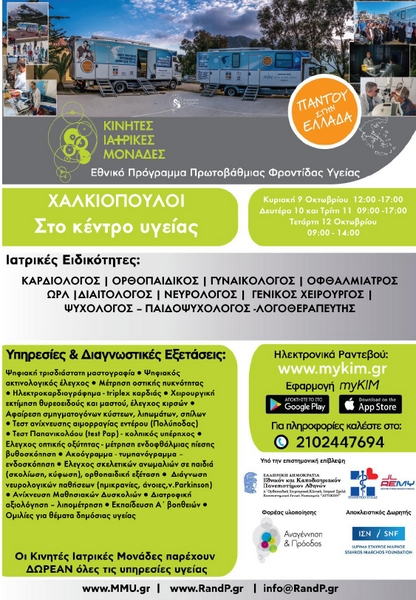 Δωρεάν ιατρικές εξετάσεις στο Χαλκιόπουλο από τις Κινητές Ιατρικές Μονάδες