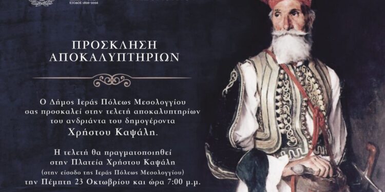 Μεσολόγγι: Την Πέμπτη 23 Οκτωβρίου τα αποκαλυπτήρια του ανδριάντα του Χρήστου Καψάλη στην Ιερή Πόλη Μεσολογγίου